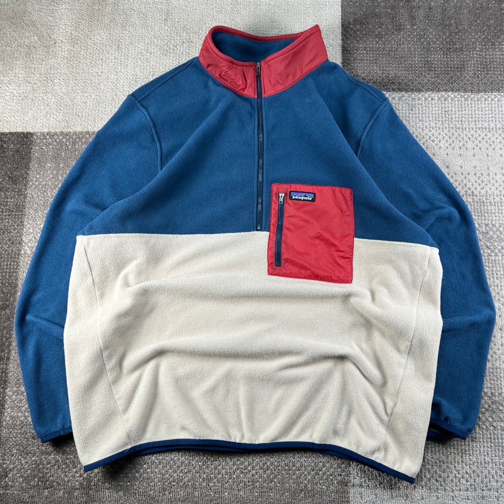 Patagonia Mens XXL Synchilla Fleece Quarter Zip Pullover Blue Cream Red